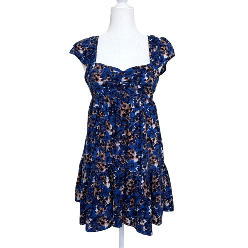 Free People Play Mini Dress Puff-Sleeves Floral Print Blue Linen Blend Size S